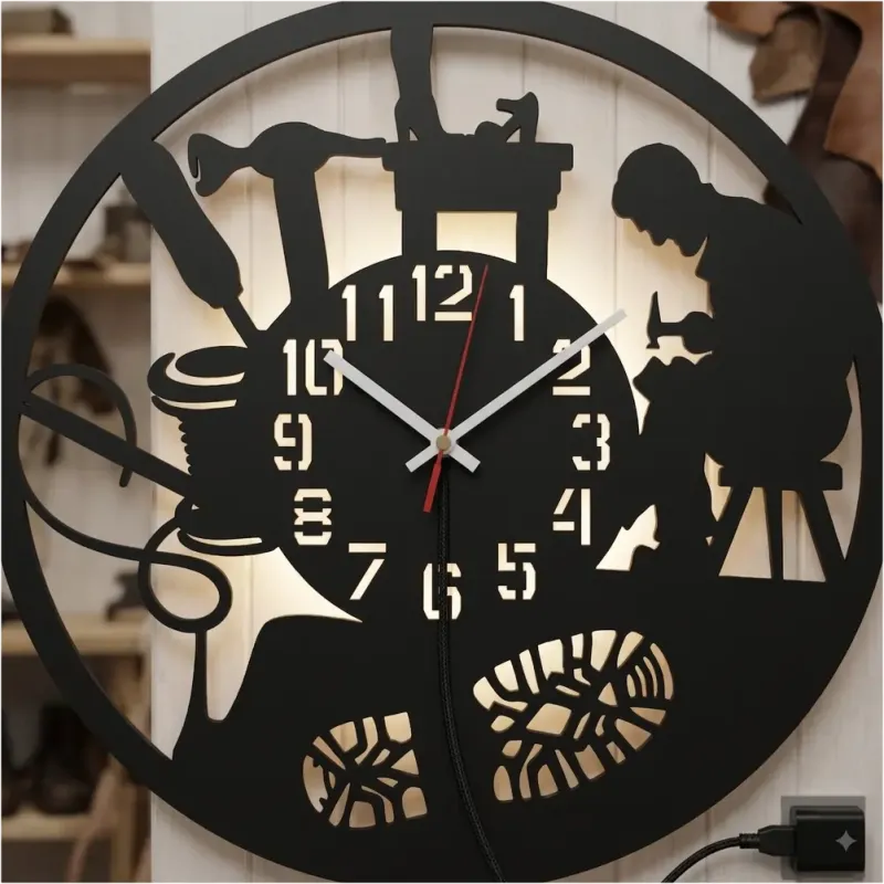 AYAKKABI TAMİRCİSİ TEMALI RGB Uzaktan Kumandalı 40x40cm Siyah MDF Duvar Saati