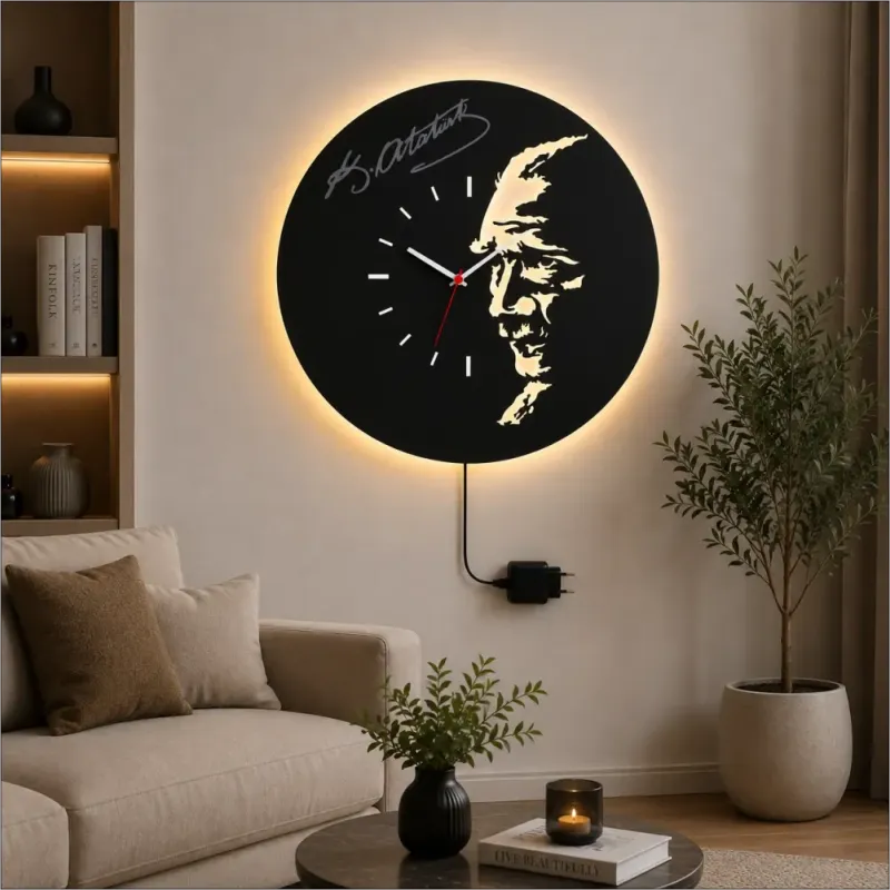 ATATÜRK  TEMALI RGB Uzaktan Kumandalı 40x40cm Siyah MDF Duvar Saati