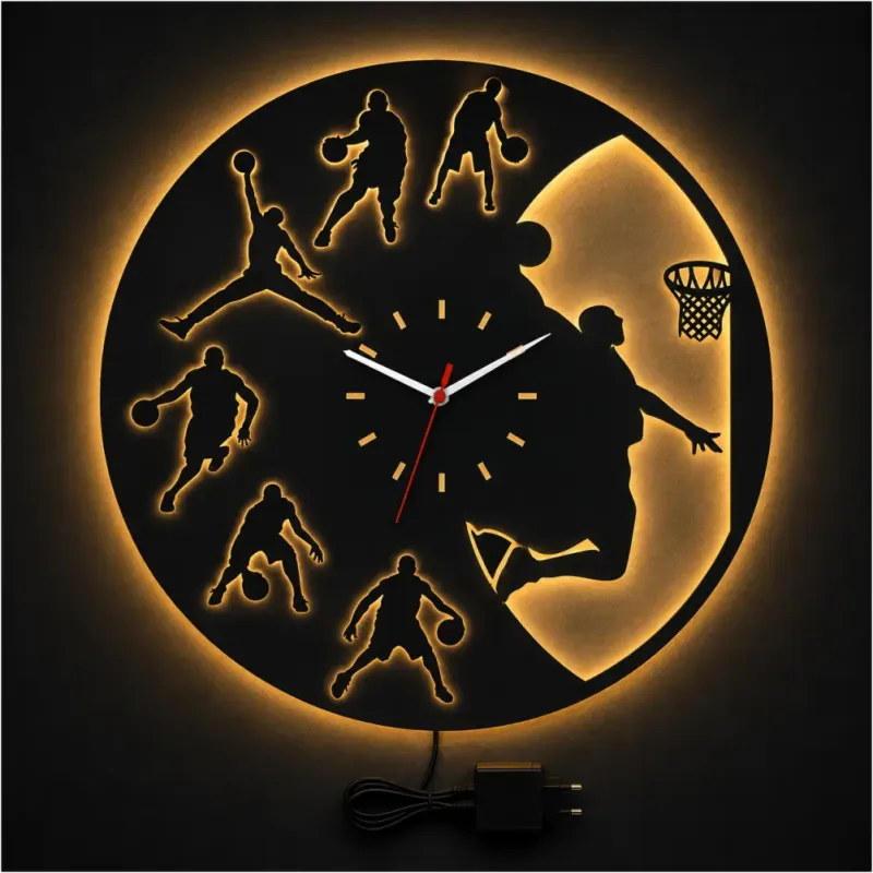 BASKETBOL TEMALI RGB Uzaktan Kumandalı 40x40cm Siyah MDF Duvar Saati